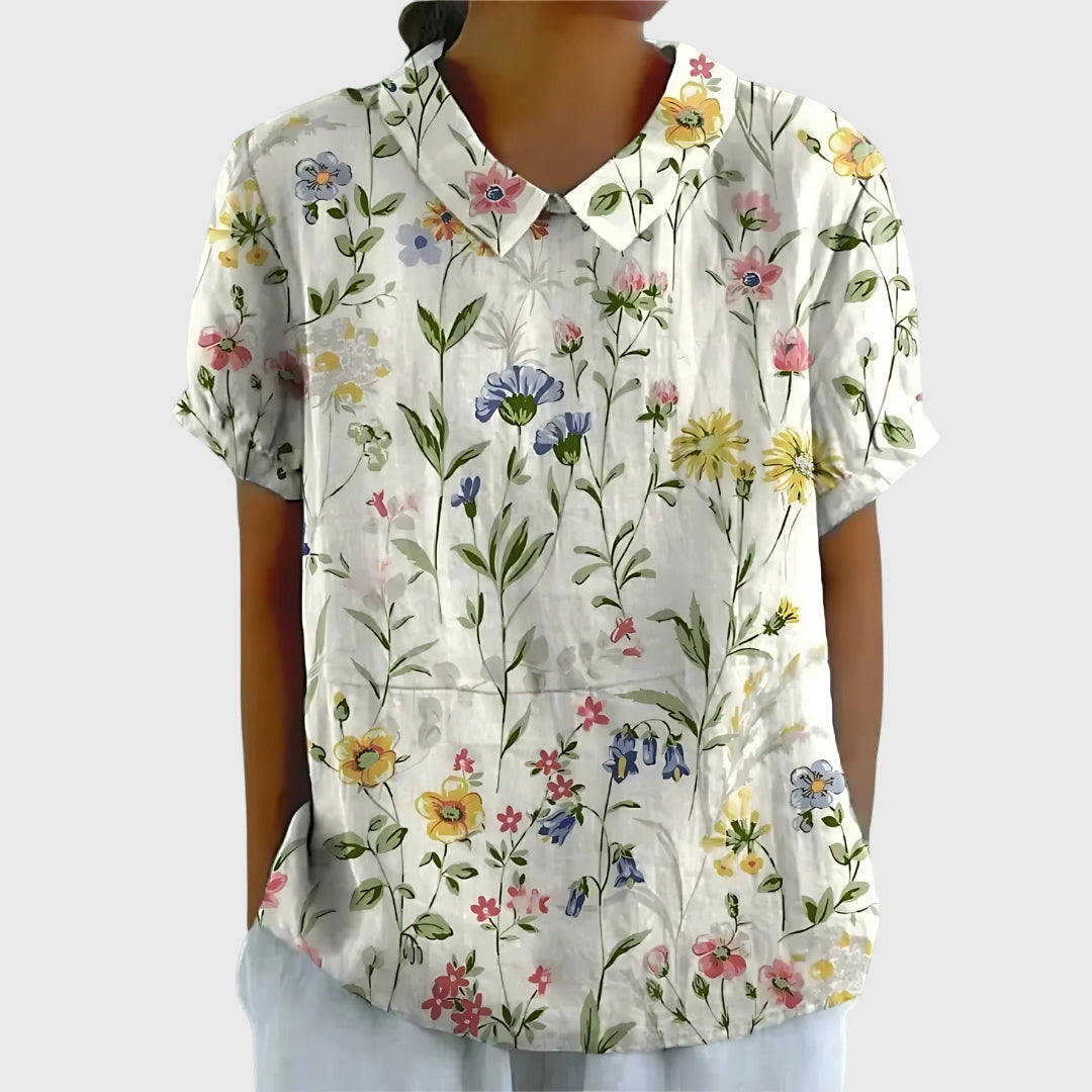 Ivy | Floral Blouse with Short Sleeve Button Front Design
