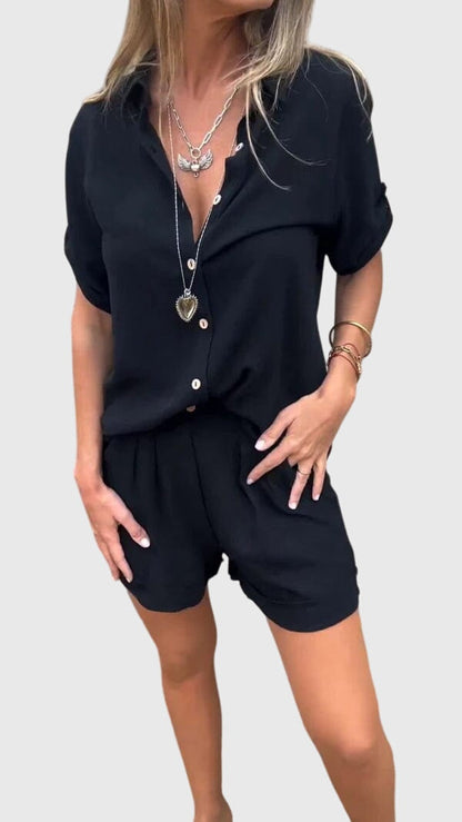 Elvoria | Women Casual Summer Outfit with Short Sleeve Shirt and Matching Shorts Set