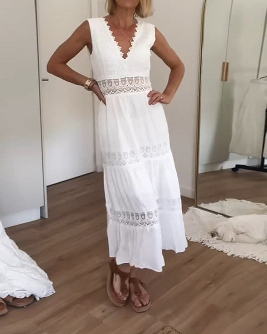 Jolene | Women bohemian midi dress with lace detail and V neckline
