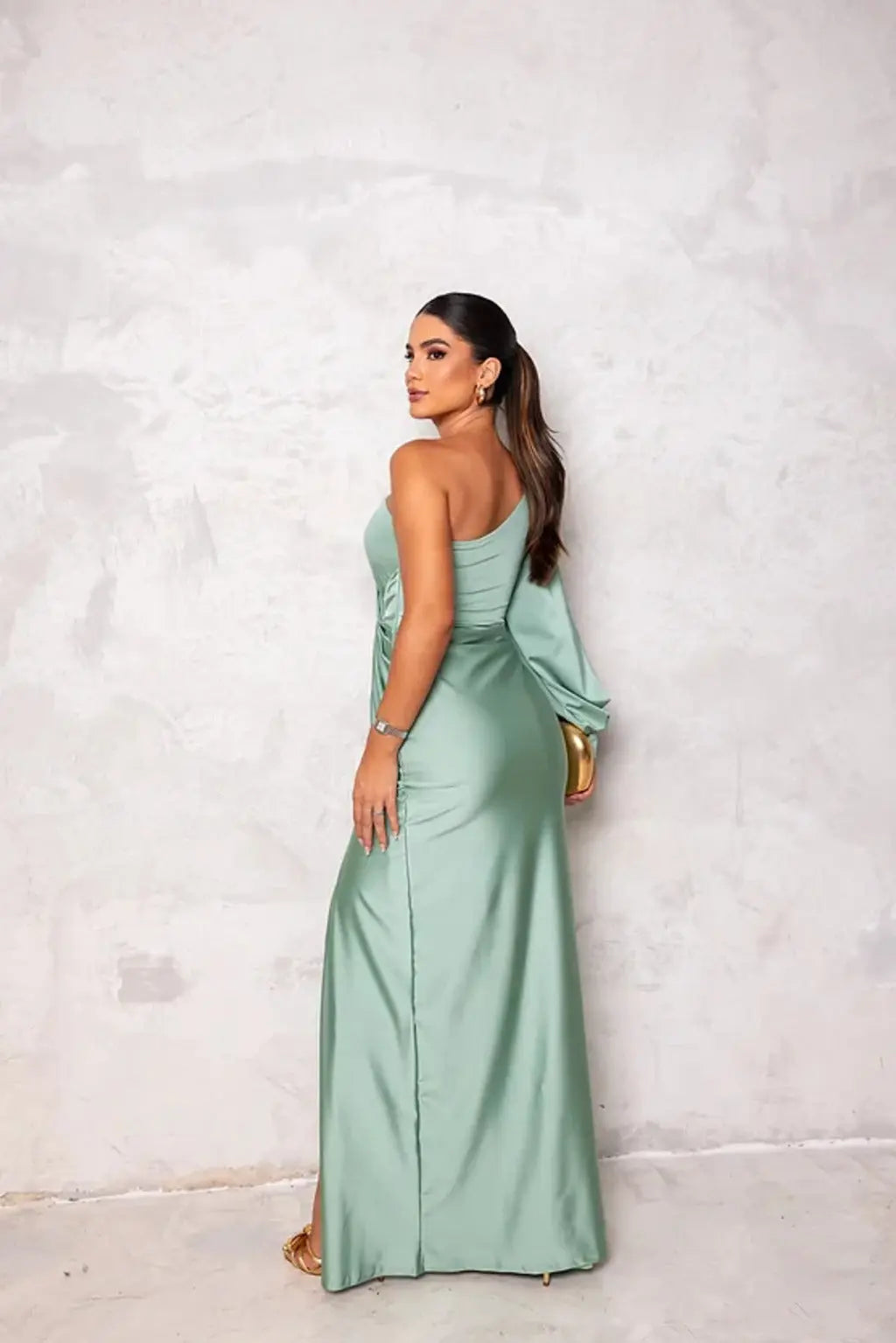 Monroe | One shoulder maxi dress with draped sleeve slit