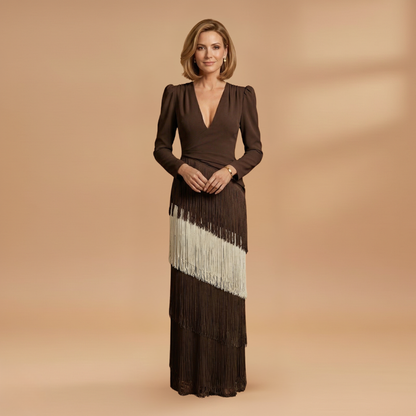 Amelia | Women’s banquet dress with V neck tassel hem