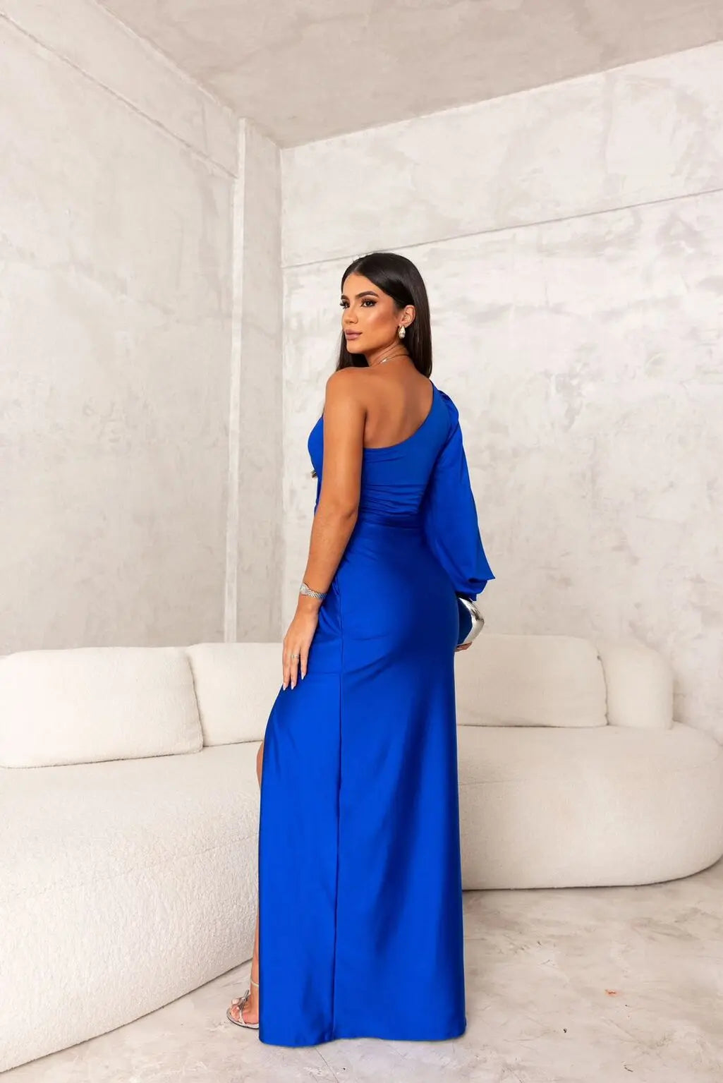 Monroe | One shoulder maxi dress with draped sleeve slit