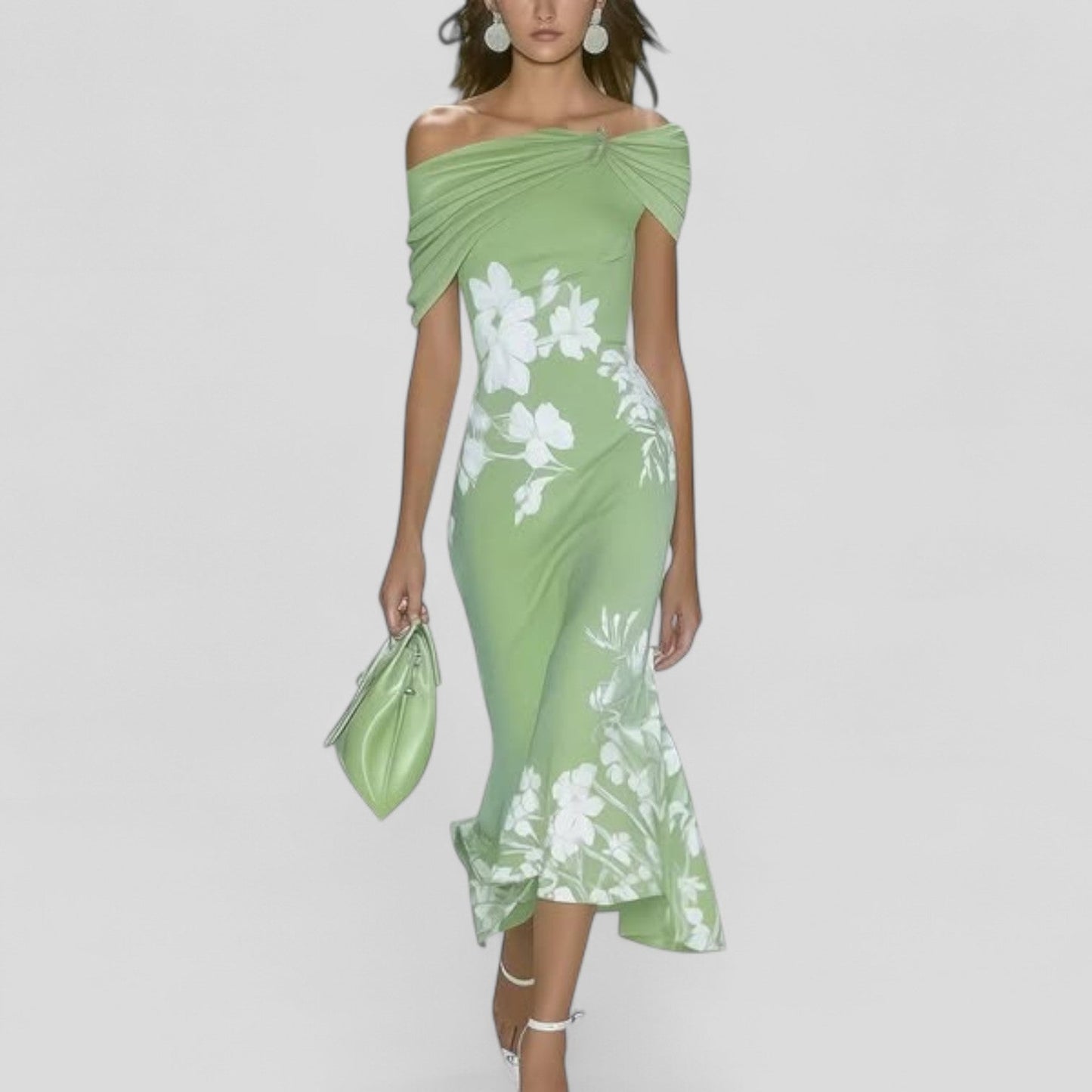 Raviena | Women Elegant Off Shoulder Midi Dress with Floral Print and Fitted Silhouette