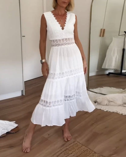 Jolene | Women bohemian midi dress with lace detail and V neckline