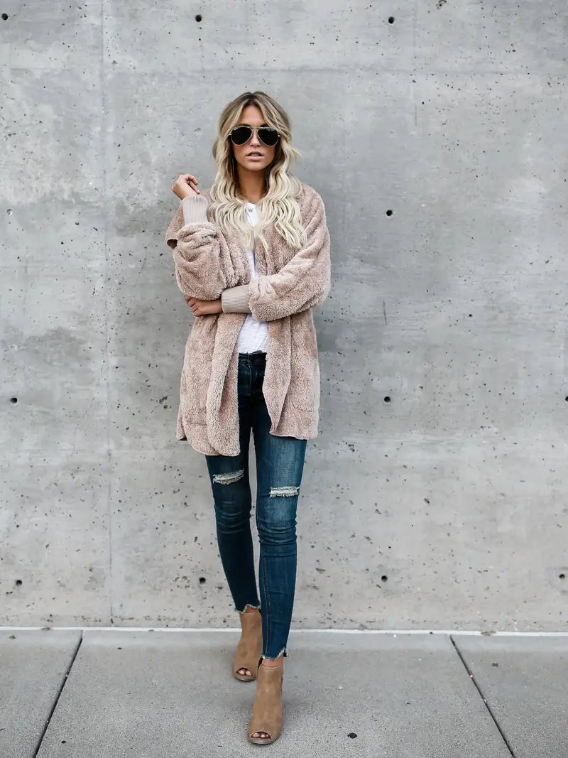 Evelyn | Fluffy Knitted Hooded Jacket with Open Front