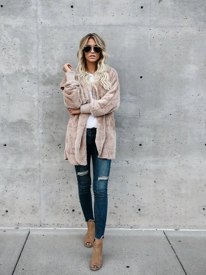 Evelyn | Fluffy Knitted Hooded Jacket with Open Front