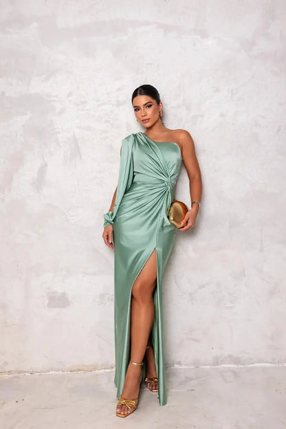 Monroe | One shoulder maxi dress with draped sleeve slit
