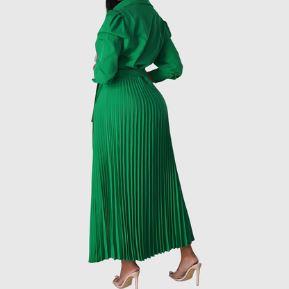 Luna | Pleated Wrap Midi Dress with Long Sleeves