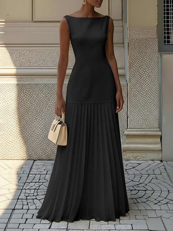 Stella | Pleated evening maxi dress with boat neck gauze