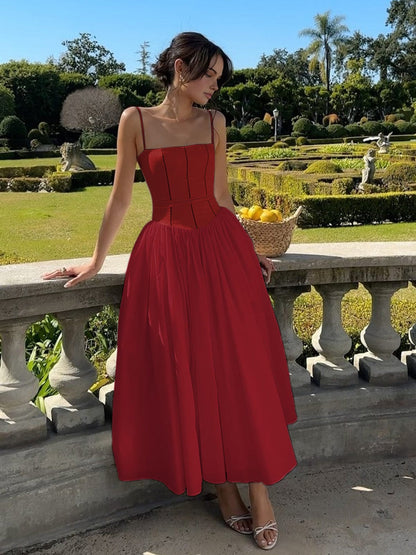 Renee | Women’s Classic Corset Midi Dress With Spaghetti Straps