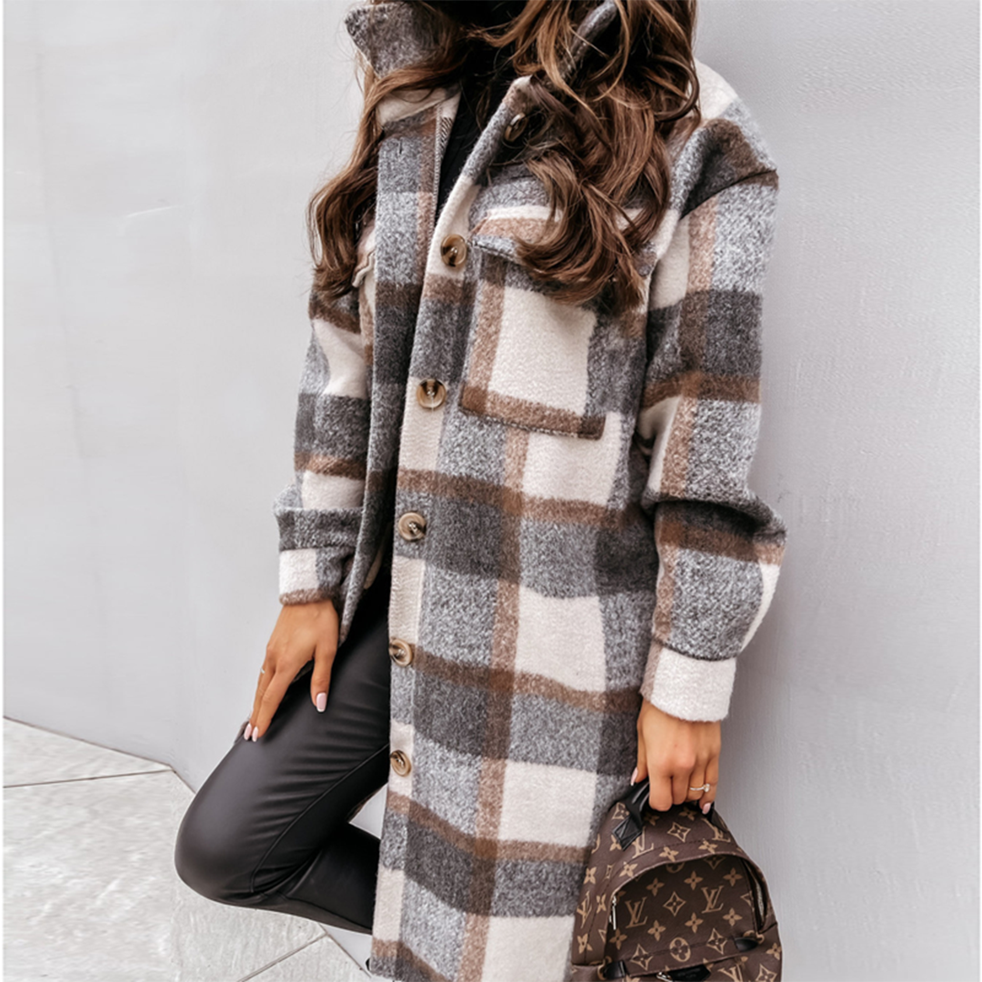 Margaret | Women's Plaid Long Coat with Chest Pockets