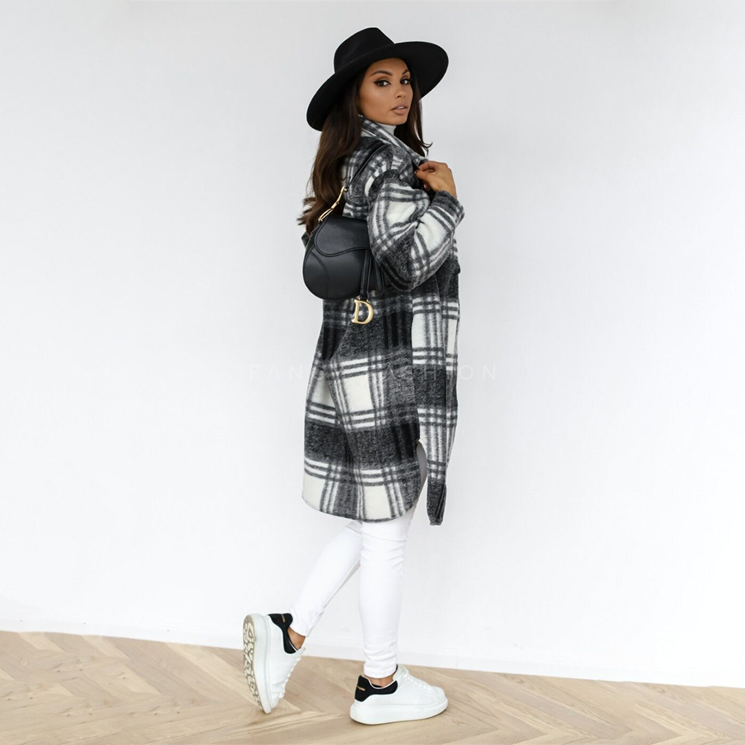 Margaret | Women's Plaid Long Coat with Chest Pockets