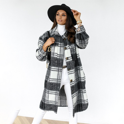Margaret | Women's Plaid Long Coat with Chest Pockets