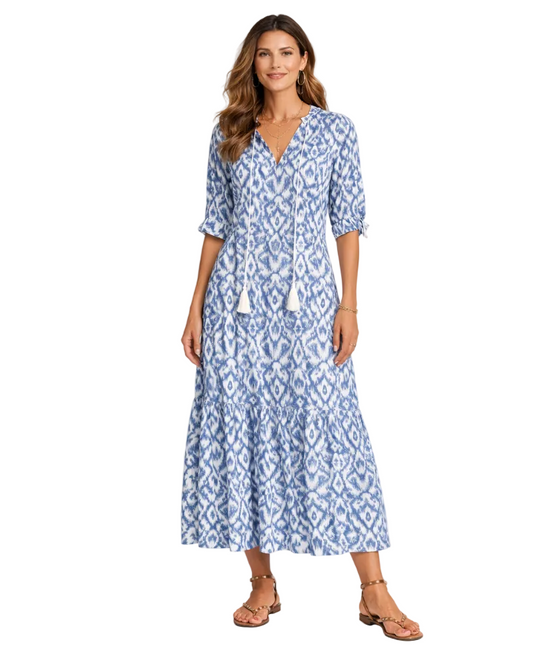 Isabella | Boho Printed Maxi Dress with V Neck and Tassel Tie