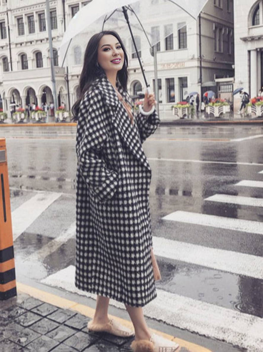 Kathleen | Women's Elegant Houndstooth Long Coat with Pockets