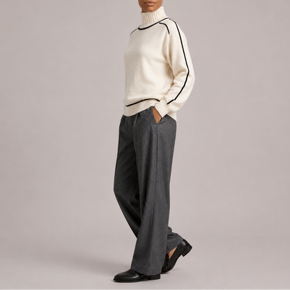Odelia | Women's Contrast Trim Sweater with High Neck and Ribbed Hem