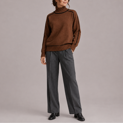 Odelia | Women's Contrast Trim Sweater with High Neck and Ribbed Hem