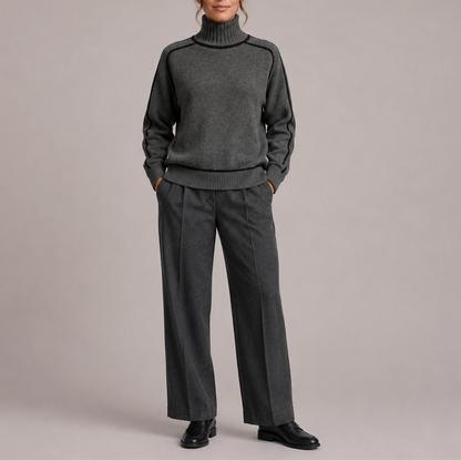 Odelia | Women's Contrast Trim Sweater with High Neck and Ribbed Hem