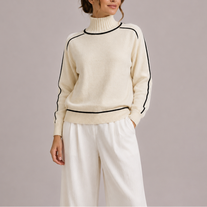 Odelia | Women's Contrast Trim Sweater with High Neck and Ribbed Hem