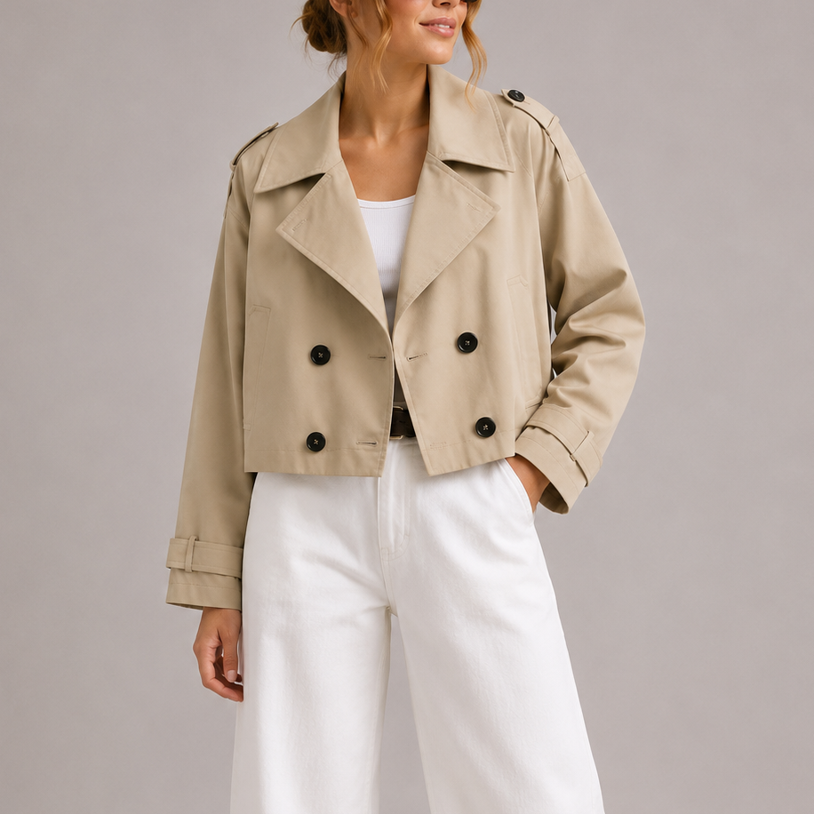 Ismenia | Women's Short Trench Jacket with Belted Cuffs and Button Closure