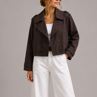 Ismenia | Women's Short Trench Jacket with Belted Cuffs and Button Closure
