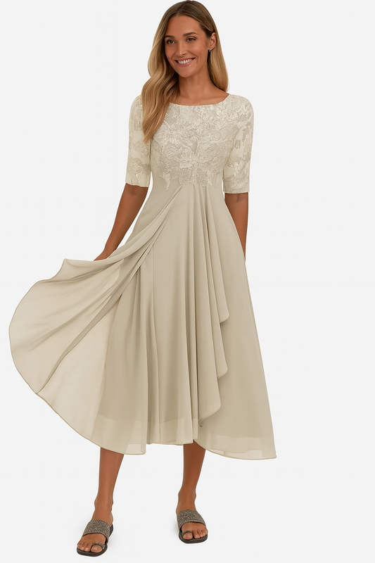 Ava | Elegant Midi Dress with Embroidered Bodice and A Line Skirt