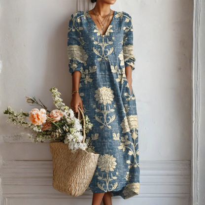 Ella | Linen floral printed V neck maxi dress