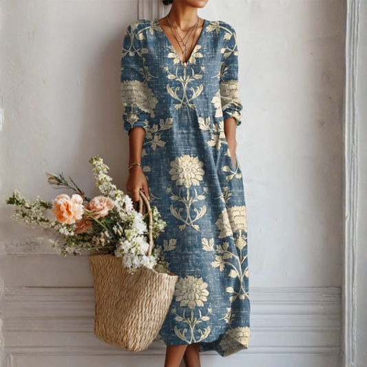 Ella | Linen floral printed V neck maxi dress