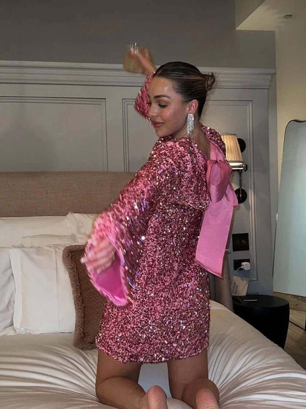 Marielle | Women sequin dress with long sleeves and bow detail