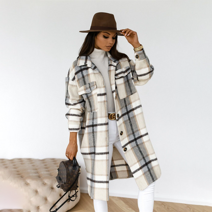 Margaret | Women's Plaid Long Coat with Chest Pockets