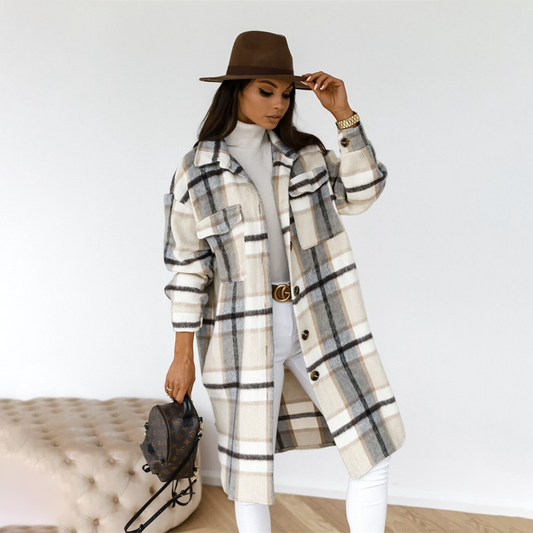 Margaret | Women's Plaid Long Coat with Chest Pockets