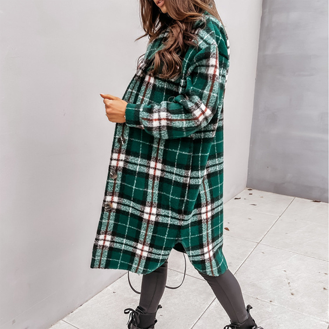 Margaret | Women's Plaid Long Coat with Chest Pockets