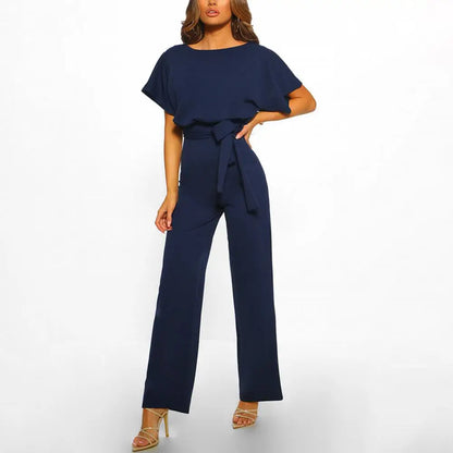Ella | Women's Wide Leg Belted Jumpsuit with Short Sleeves