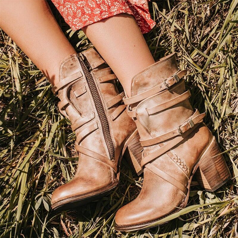 Elizabeth | Edgy Leather Cowboy Ankle Boots with Buckle Straps