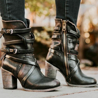 Elizabeth | Edgy Leather Cowboy Ankle Boots with Buckle Straps