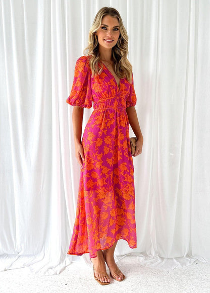 Victoria | Elegant floral midi dress with puff sleeves