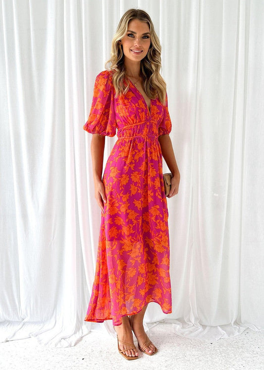 Victoria | Elegant floral midi dress with puff sleeves
