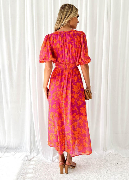 Victoria | Elegant floral midi dress with puff sleeves