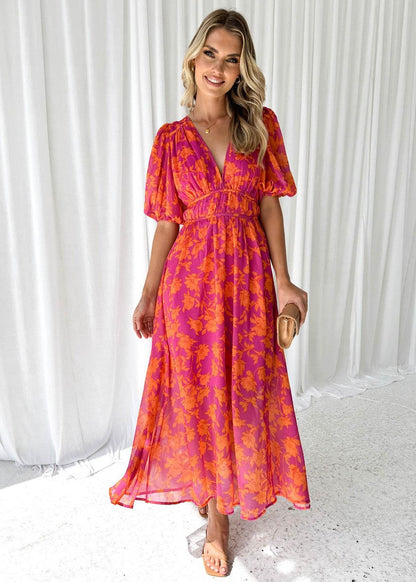 Victoria | Elegant floral midi dress with puff sleeves