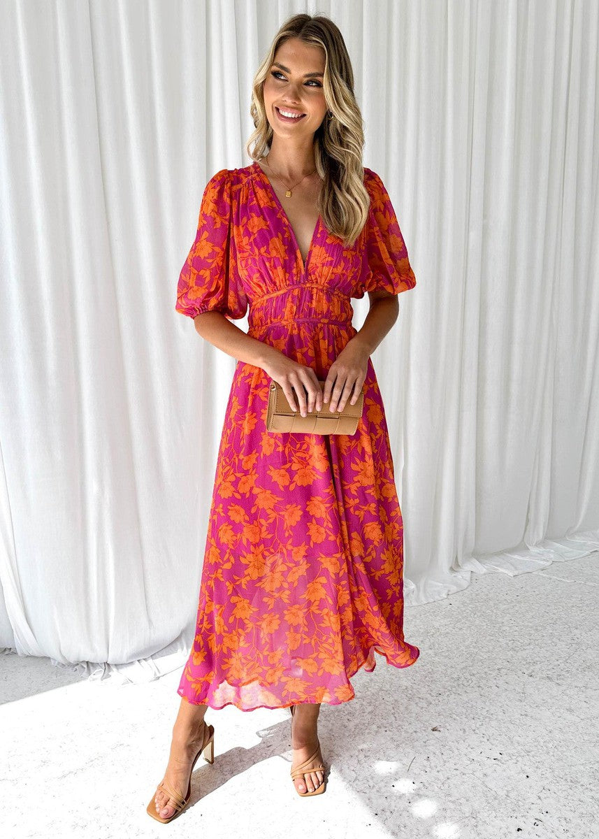 Victoria | Elegant floral midi dress with puff sleeves