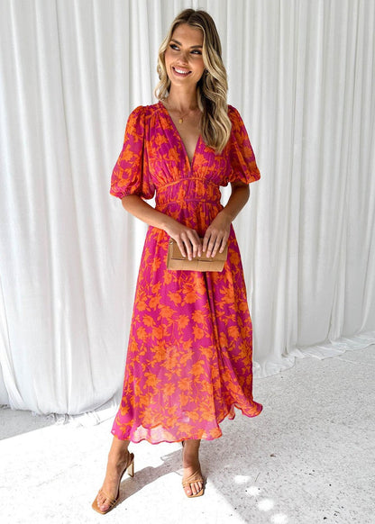 Victoria | Elegant floral midi dress with puff sleeves