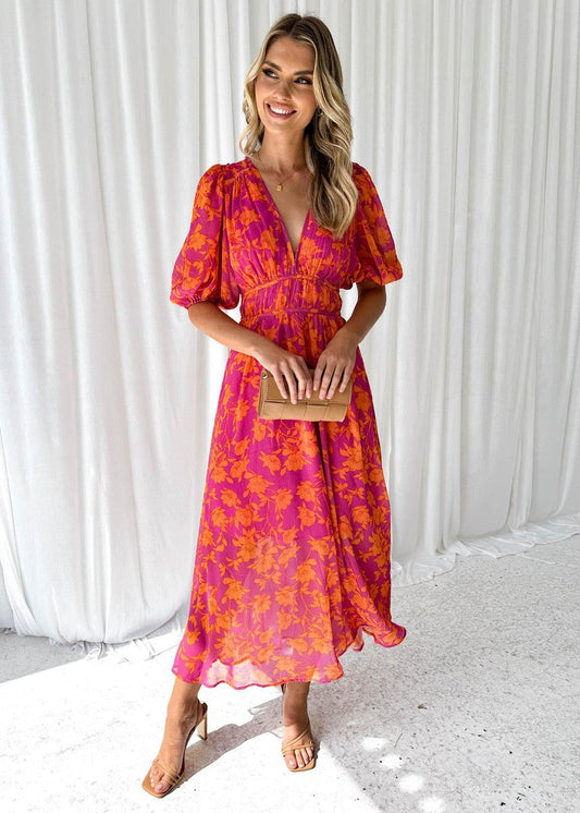 Victoria | Elegant floral midi dress with puff sleeves