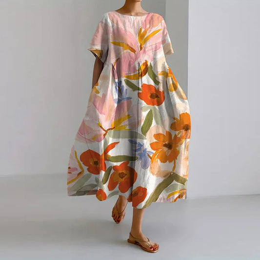 Lorelai | Women’s Floral Print Round-Neck Midi Dress | Vibrant