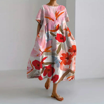 Lorelai | Women’s Floral Print Round-Neck Midi Dress | Vibrant