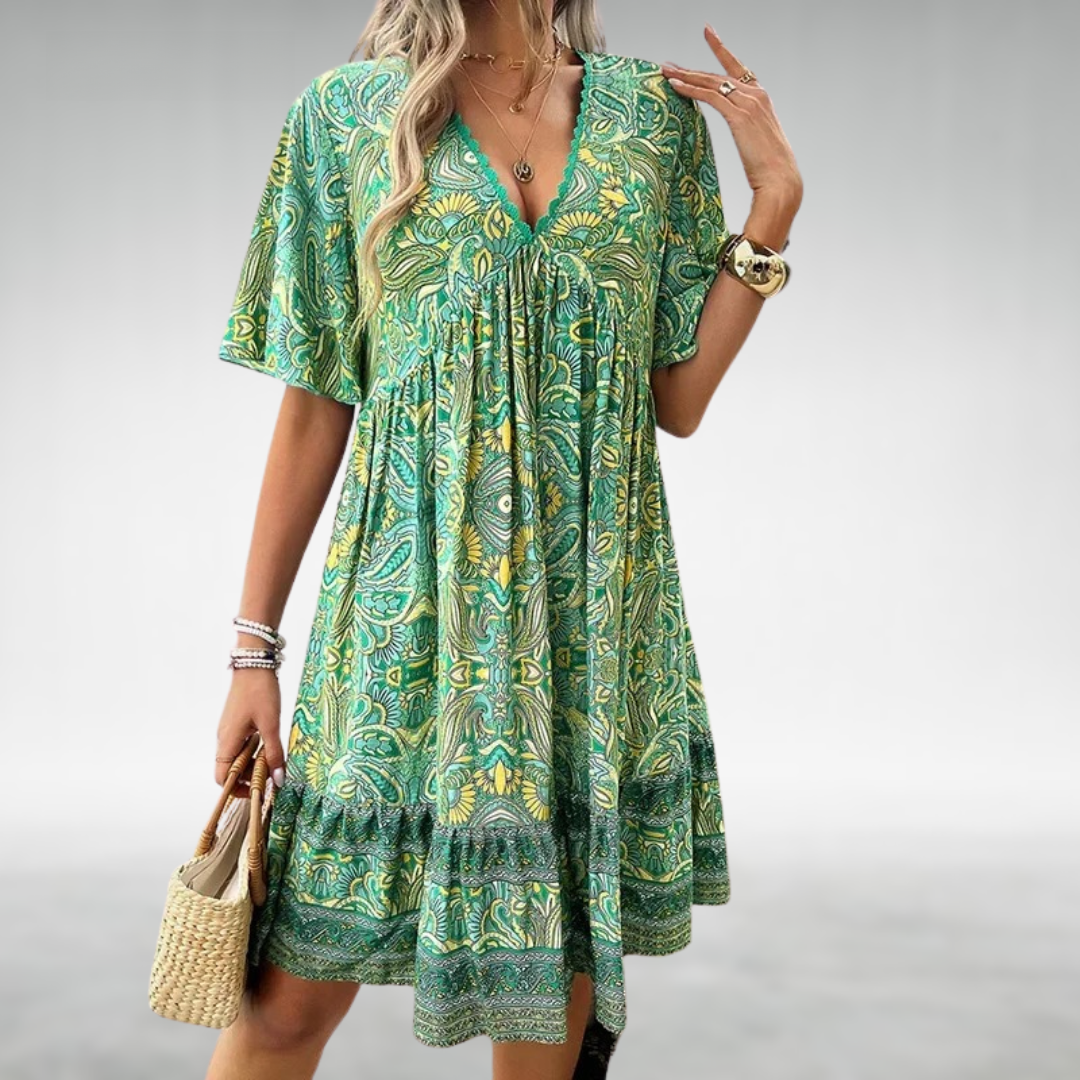 Alice | Women’s boho printed mini dress with V neck