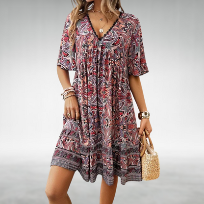 Alice | Women’s boho printed mini dress with V neck