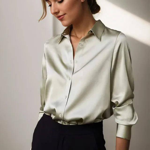 Adelaide | Women’s Satin Button-Up Blouse with Classic Collar | Silky