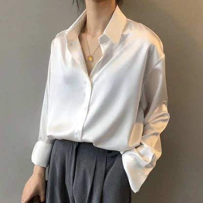 Adelaide | Women’s Satin Button-Up Blouse with Classic Collar | Silky