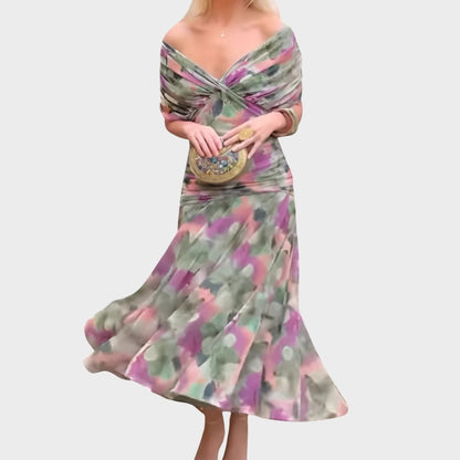 Velaria | Women Off Shoulder Maxi Dress with Ruched Bodice and Flowing Skirt