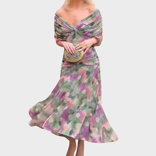 Velaria | Women Off Shoulder Maxi Dress with Ruched Bodice and Flowing Skirt